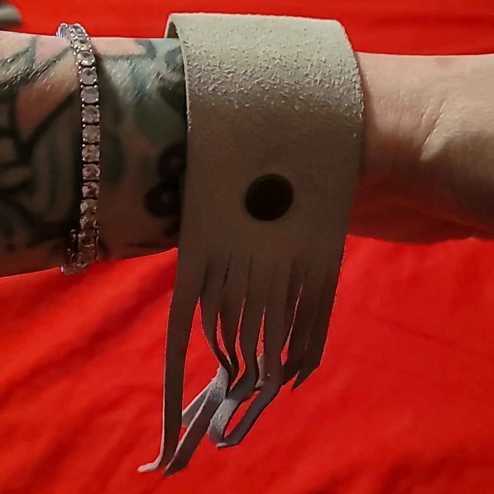 2 Suede Leather Fringed Wrist Cuffs With Watches‎ Western Biker Boho Grey Beige
